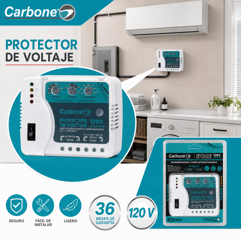 Protector De Voltaje 120V 50/60Hz.Corriente 15A. Ideal Para Aires Acondicionados y Equipo de Refrigeración con Retardo 180 Seg (3min)