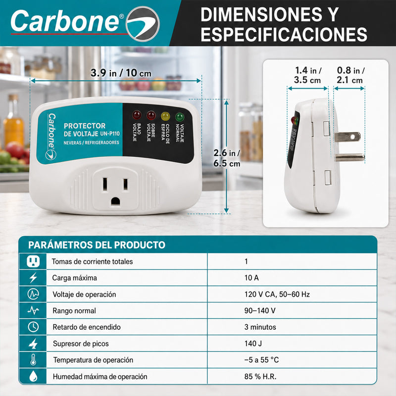 Protector De Voltaje 120V 50/60Hz.Corriente 10A. Ideal Para Electrodomésticos y Equipos Electrónicos con Retardo 180 Seg (3Min)