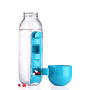 Botella De Agua 600ml Con Pastillero Semanal Integrado. Organizador De Medicamentos Portátil Con Compartimentos Diarios. Color azul.