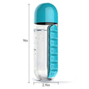 Botella De Agua 600ml Con Pastillero Semanal Integrado. Organizador De Medicamentos Portátil Con Compartimentos Diarios. Color azul.