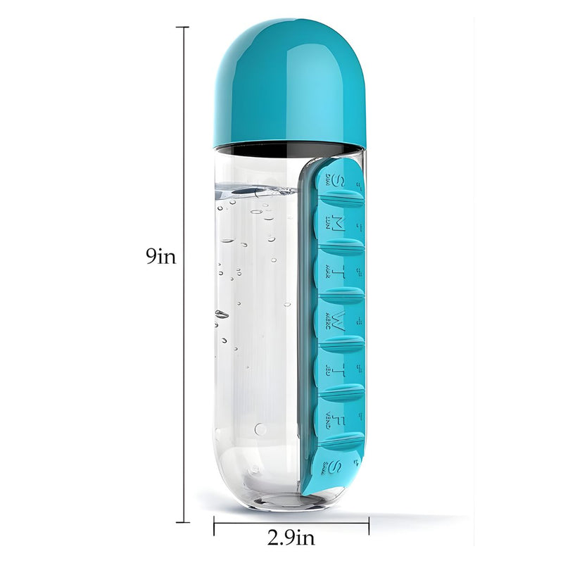 Botella De Agua 600ml Con Pastillero Semanal Integrado. Organizador De Medicamentos Portátil Con Compartimentos Diarios. Color azul.