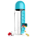 Botella De Agua 600ml Con Pastillero Semanal Integrado. Organizador De Medicamentos Portátil Con Compartimentos Diarios. Color azul.