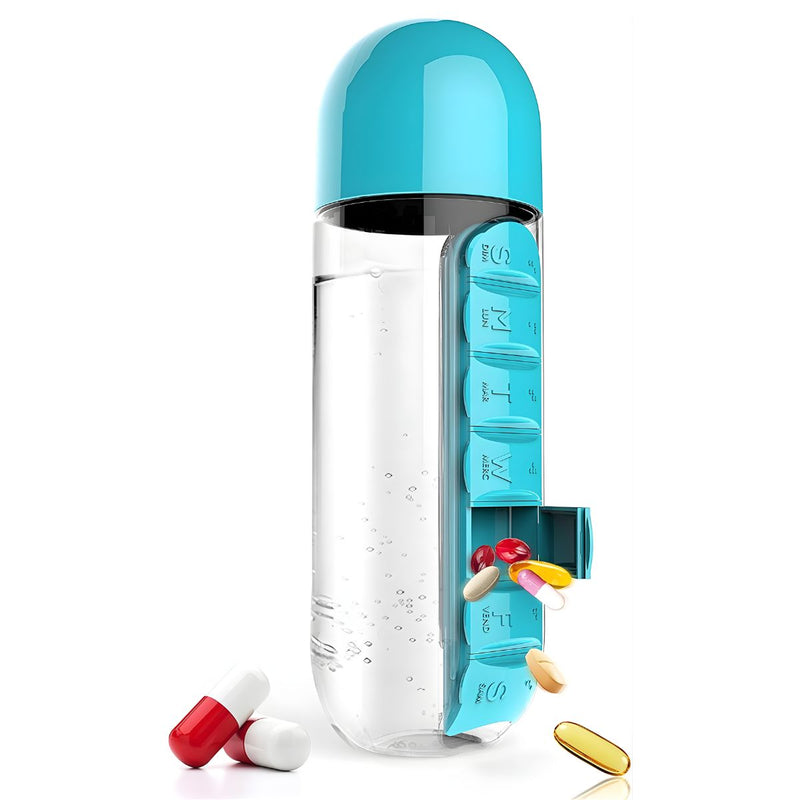Botella De Agua 600ml Con Pastillero Semanal Integrado. Organizador De Medicamentos Portátil Con Compartimentos Diarios. Color azul.