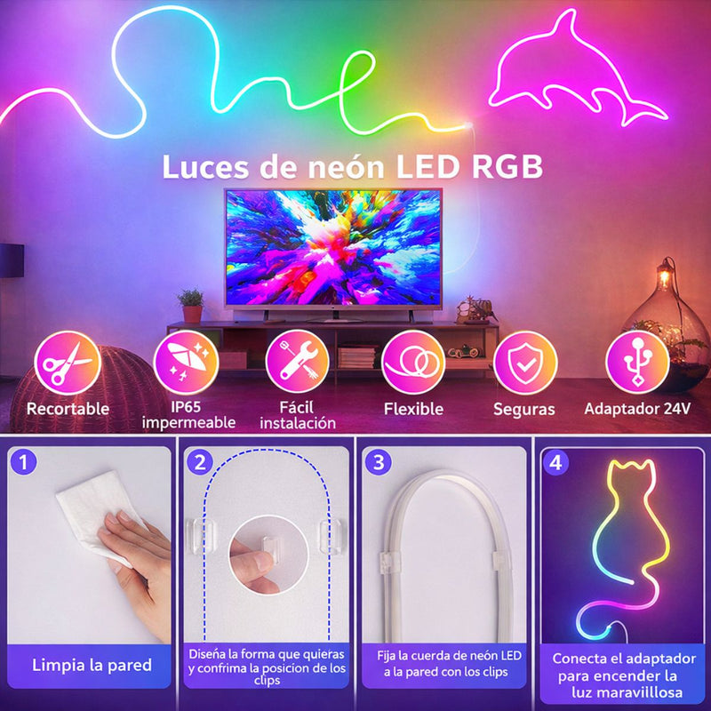 Tira LED Neón RGB 20M 60 luces Bluetooth Con Control Remoto de 24 teclas y app. Cinta De Luz Flexible IP65 A Prueba De Agua. Luces LED Decorativas.