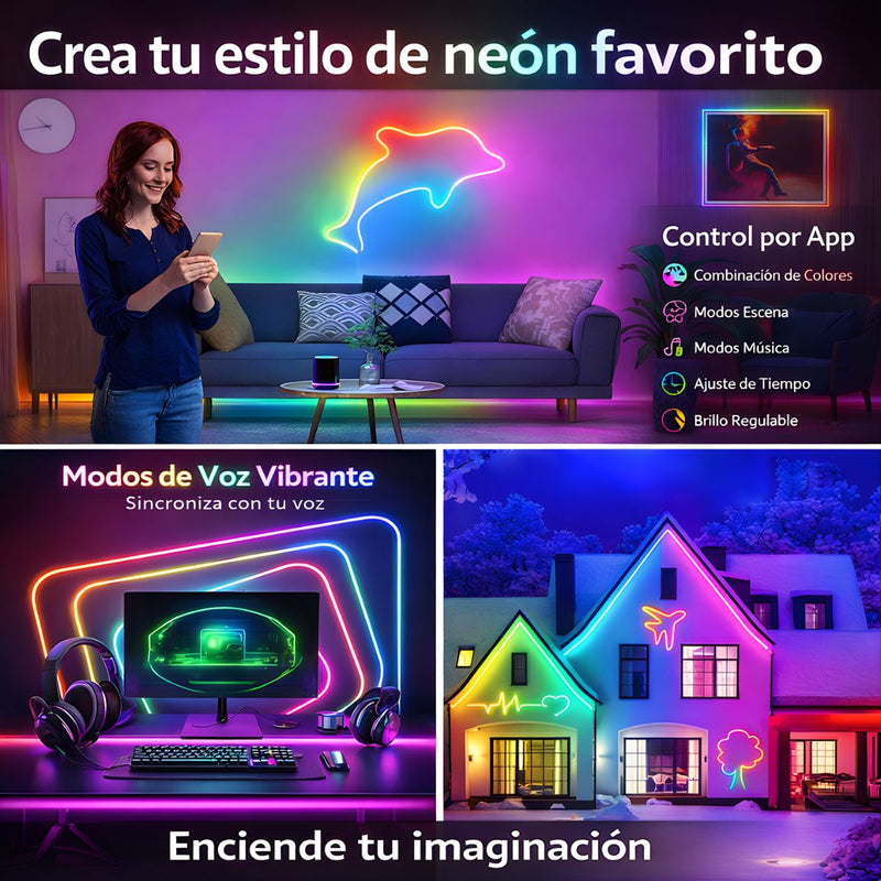 Tira LED Neón RGB 20M 60 luces Bluetooth Con Control Remoto de 24 teclas y app. Cinta De Luz Flexible IP65 A Prueba De Agua. Luces LED Decorativas.