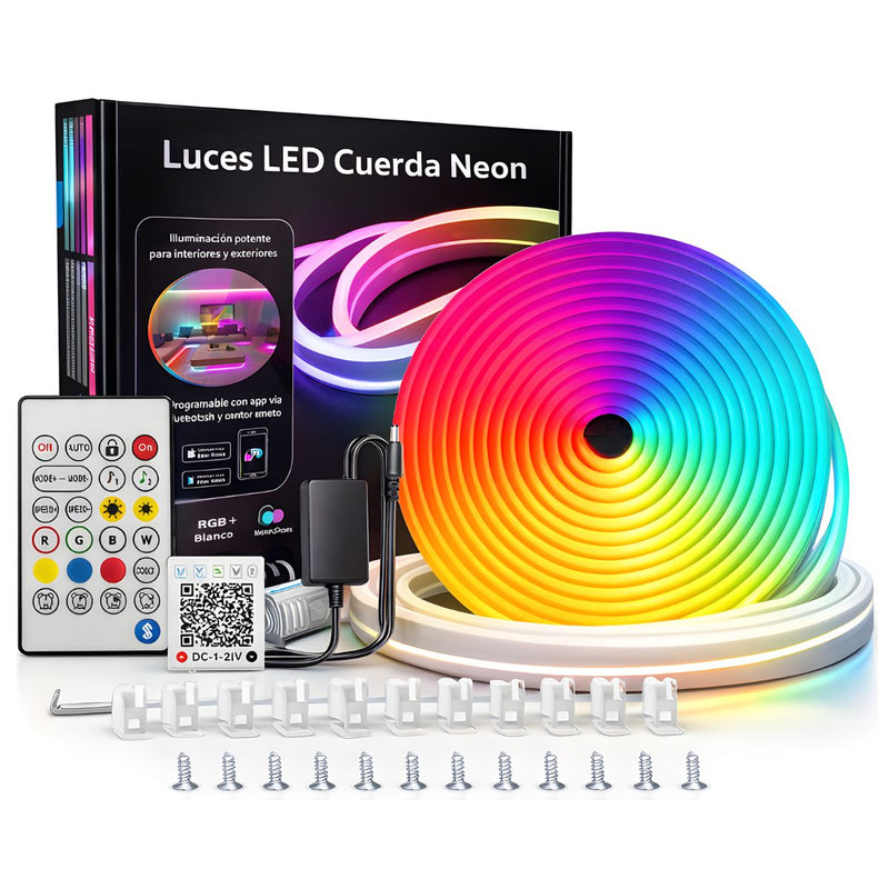 Tira LED Neón RGB 10M 60 luces Bluetooth Con Control Remoto de 24 teclas y app. cinta De Luz Flexible IP65 A Prueba De Agua. Luces LED Decorativas.