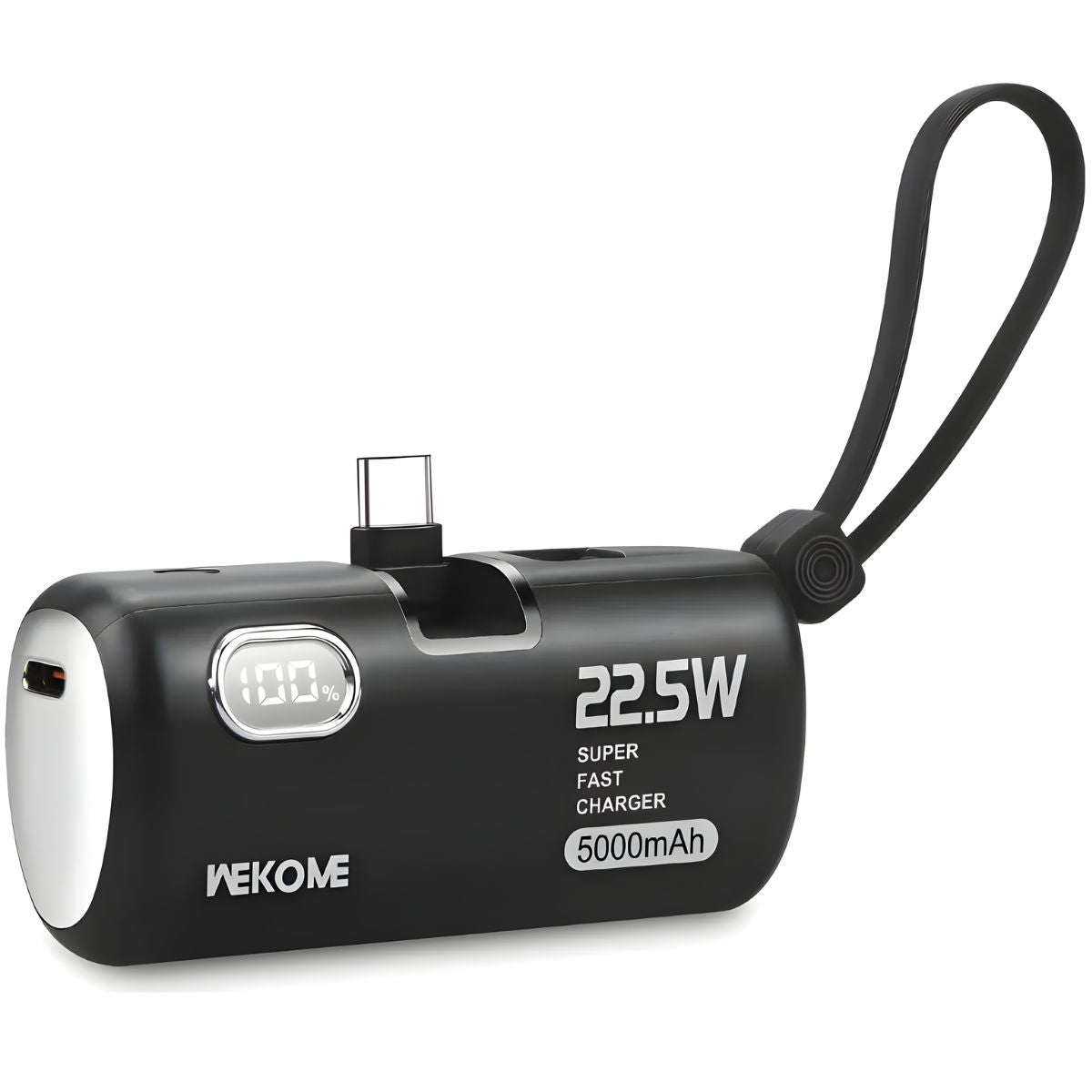 Power Bank 5000mAh 22.5W Con Pantalla Digital. Carga Rápida PD. Batería Portátil Con Cable Integrado Tipo C y Lightning. Color negro.