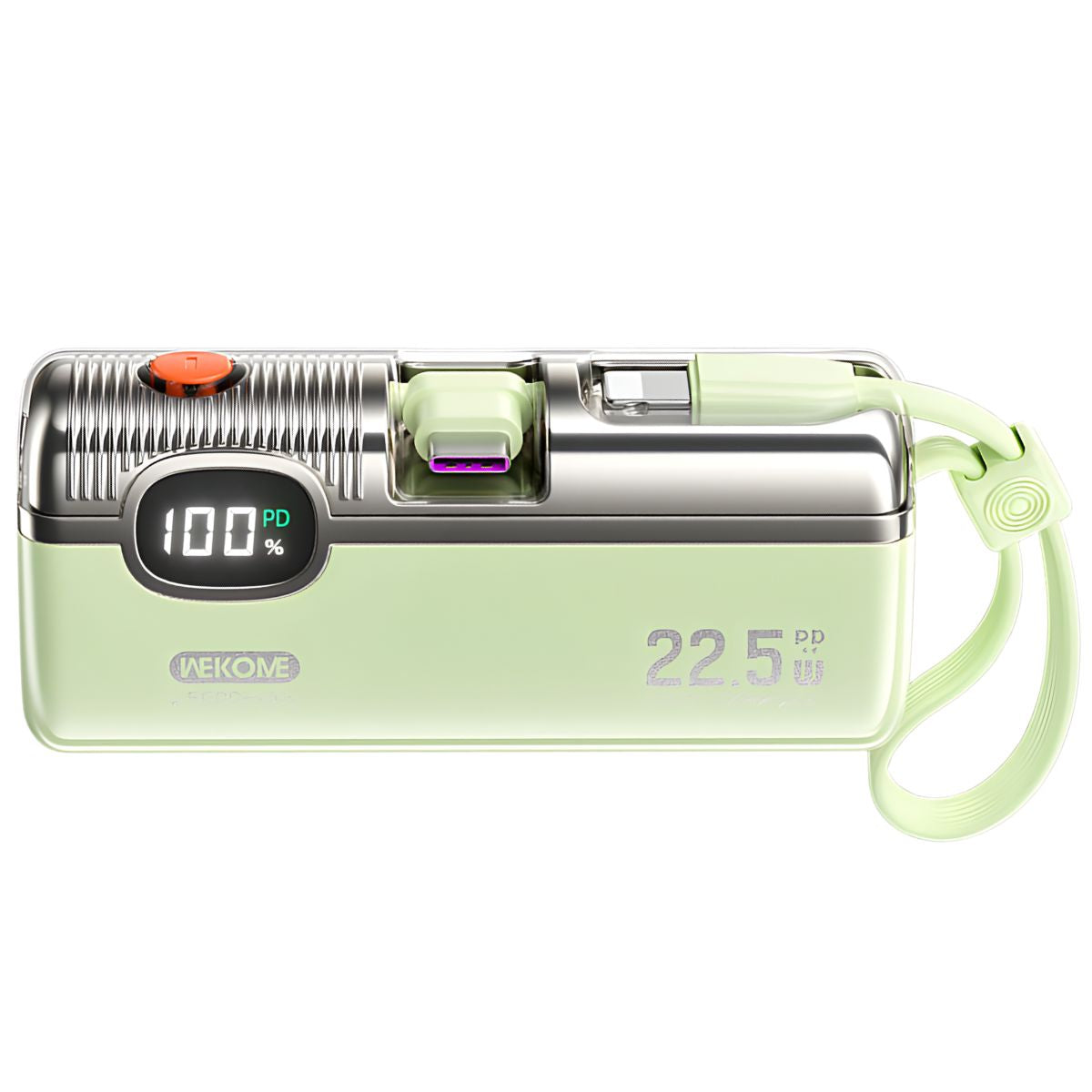 Power Bank 5000mAh 22.5W Con Pantalla Digital. Carga Rápida PD. Batería Portátil Con Cable Integrado Tipo C y Lightning. Color verde.