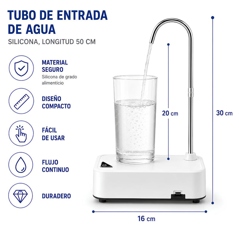 Dispensador de Agua Eléctrico. Bomba Automática de Un Solo toque para garrafón o garrafa de agua (tubo de extracción de 1.2m). Color Blanco.