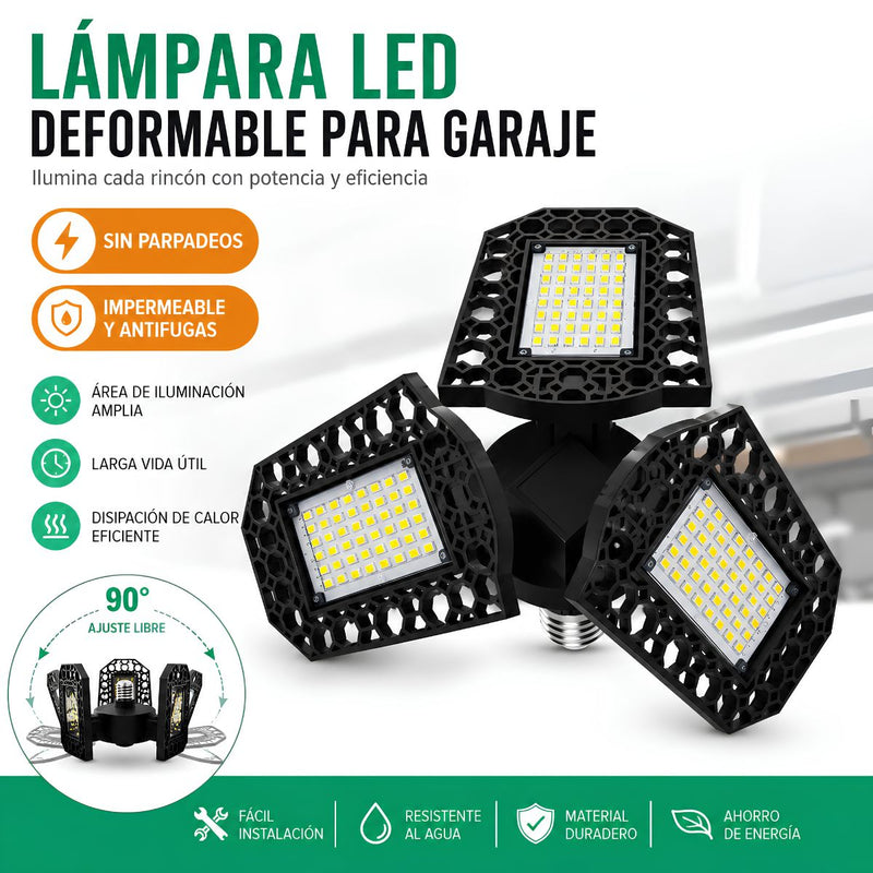 Lámpara LED Ajustable para Garaje 80W E27. Luz Cálida con Paneles Plegables 90°. Foco Bombillo para Taller, Depósito y Almacén.