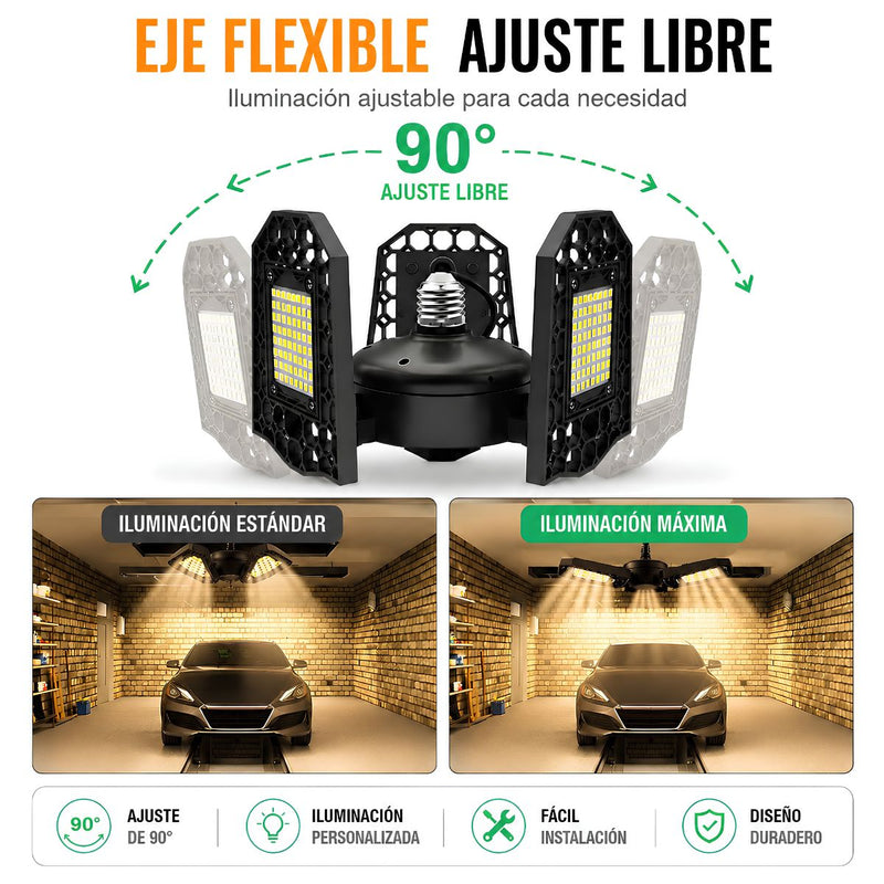 Lámpara LED Ajustable para Garaje 80W E27. Luz Cálida con Paneles Plegables 90°. Foco Bombillo para Taller, Depósito y Almacén.
