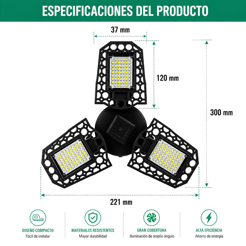 Lámpara LED Ajustable para Garaje 80W E27. Luz Cálida con Paneles Plegables 90°. Foco Bombillo para Taller, Depósito y Almacén.