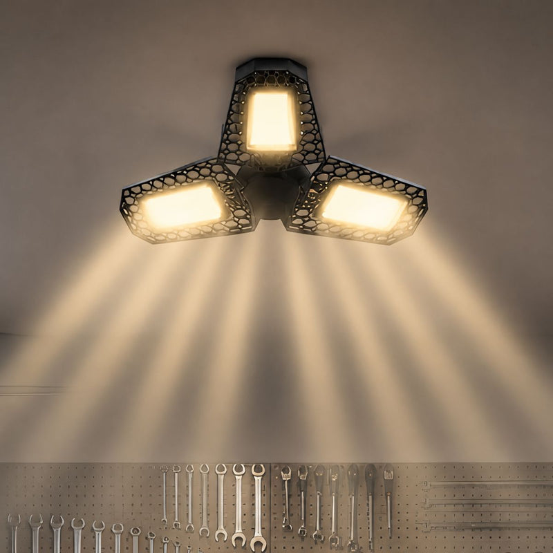 Lámpara LED Ajustable para Garaje 80W E27. Luz Cálida con Paneles Plegables 90°. Foco Bombillo para Taller, Depósito y Almacén.