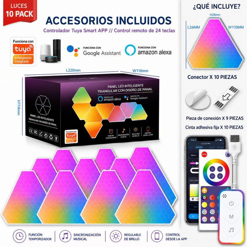 Paneles LED RGBIC Inteligentes Triangulares (10PCS) con Control APP Tuya, Alexa y Google. Luz Gamer Decorativa para Cuarto Setup