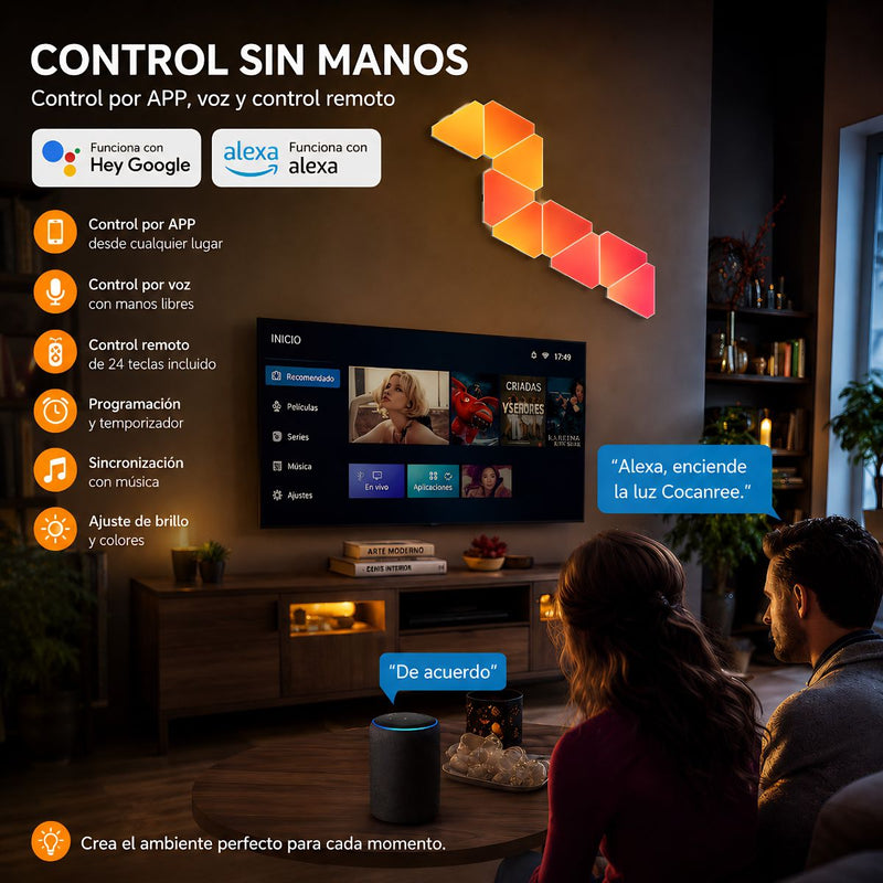 Paneles LED RGBIC Inteligentes Triangulares (10PCS) con Control APP Tuya, Alexa y Google. Luz Gamer Decorativa para Cuarto Setup