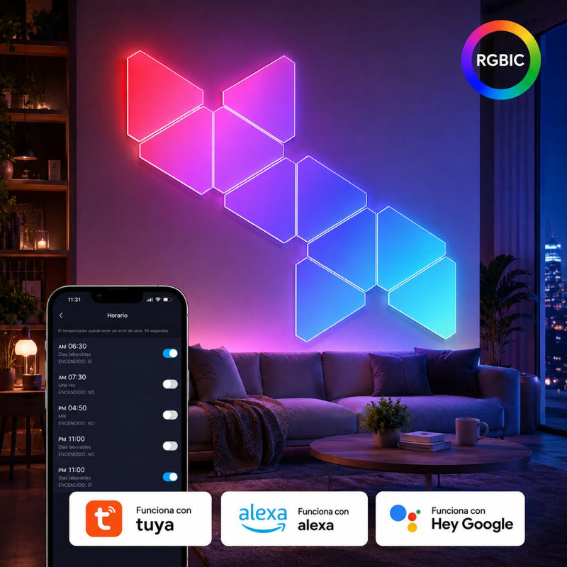 Paneles LED RGBIC Inteligentes Triangulares (10PCS) con Control APP Tuya, Alexa y Google. Luz Gamer Decorativa para Cuarto Setup