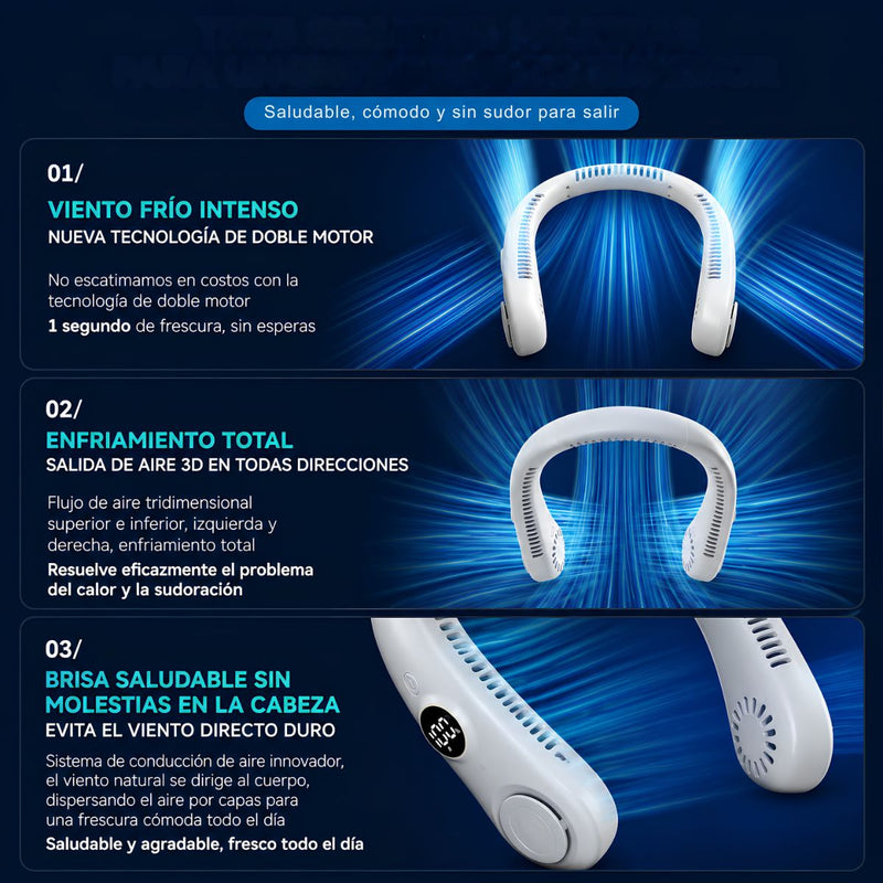 Abanico de Cuello Recargable USB Sin Aspas con Pantalla LED. Ventilador Manos Libres 5 Velocidades 1500 mAh Enfriamiento 360°. Color Blanco