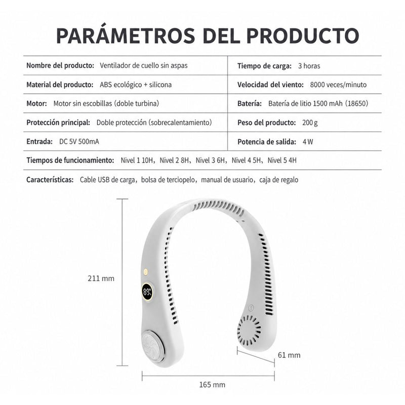 Abanico de Cuello Recargable USB Sin Aspas con Pantalla LED. Ventilador Manos Libres 5 Velocidades 1500 mAh Enfriamiento 360°. Color Blanco