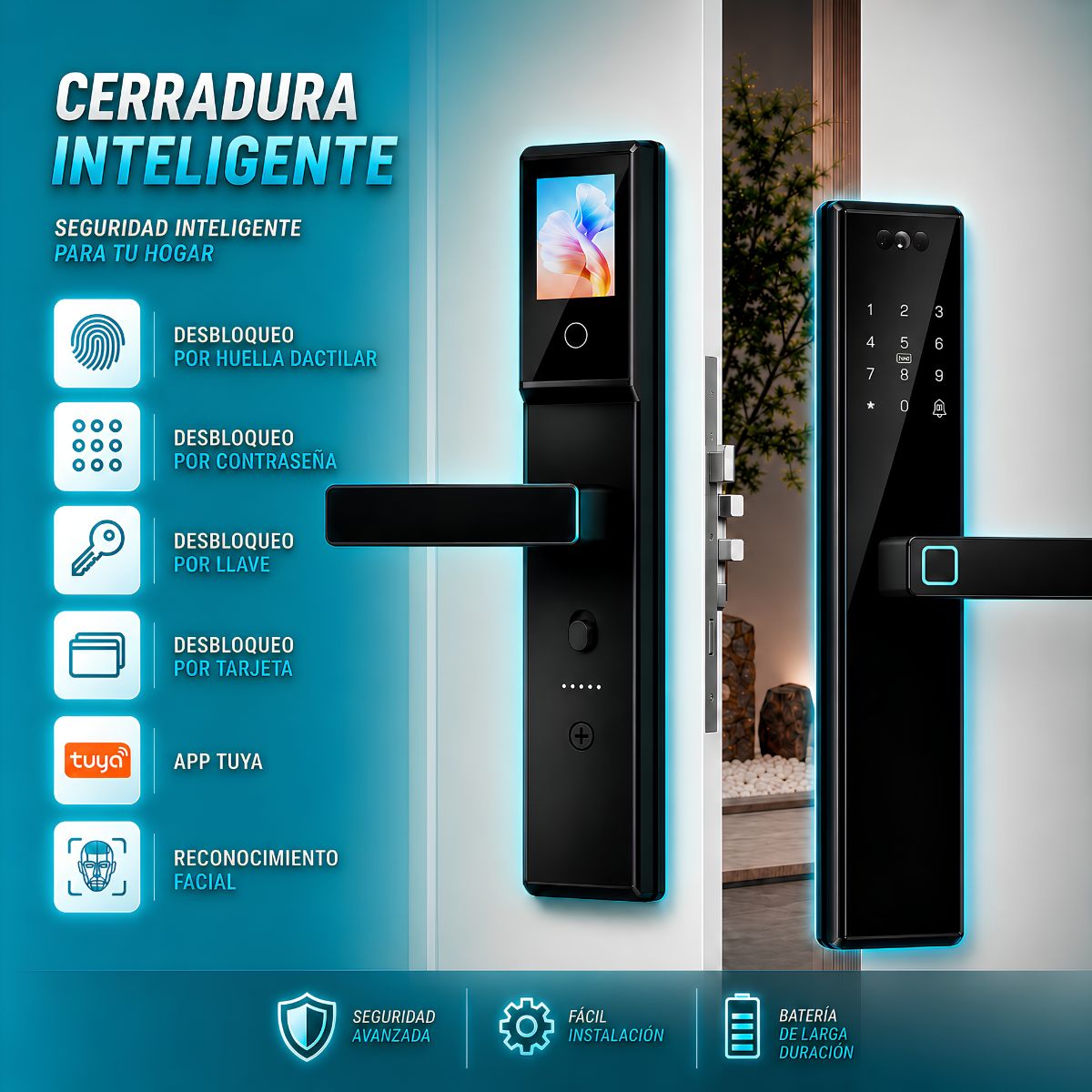 Cerradura de puerta interior inteligente con reconocimiento facial 3D Smart Lock de seguridad 7 en 1 Video Huella contraseña app wifi fácil de instalar 294*69.4mm