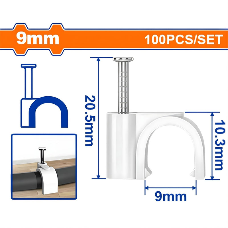 Grapas para cable coaxial 9mm. Blanco 100 piezas. Protege la cubierta del cable. Tornillos rosca.