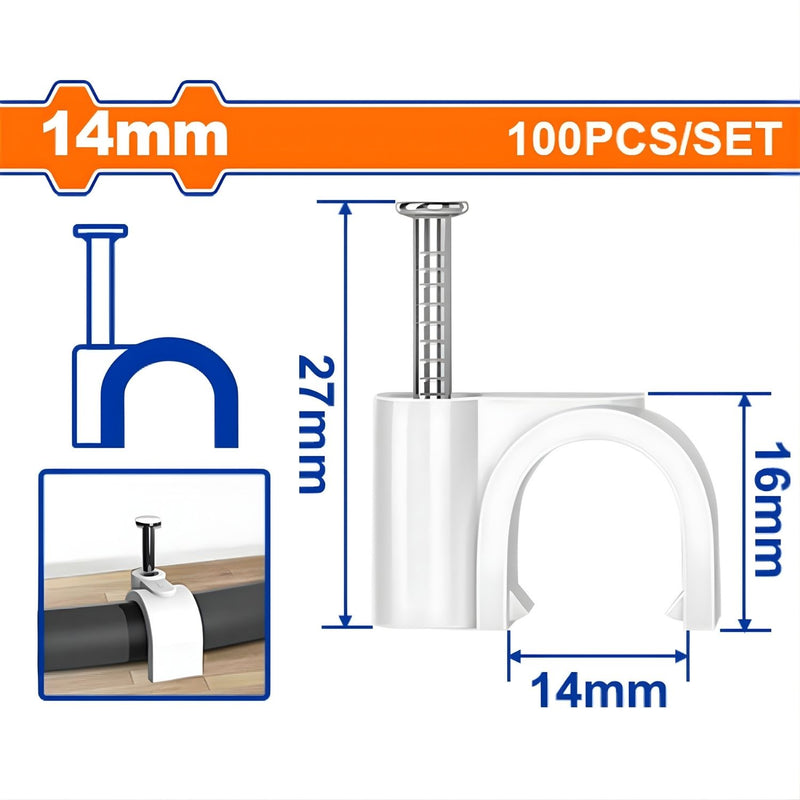 Grapas para cable coaxial 14mm. Blanco 100 piezas. Protege la cubierta del cable. Tornillos rosca.
