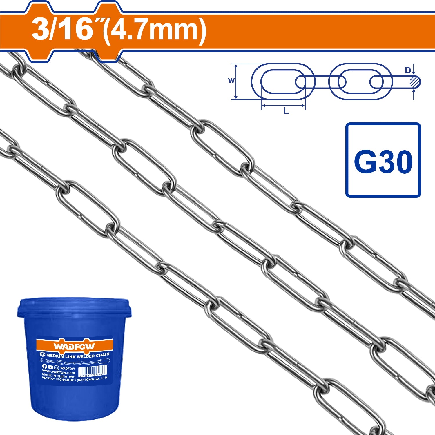 Cadena soldada grado 30  3/16" Longitud:50m