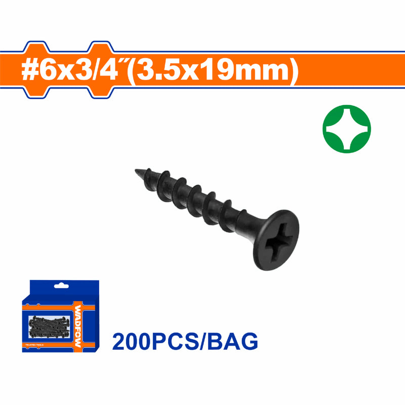 Tornillos para Gypsum (Yeso) 6x3/4" Rosca gruesa. Cabeza de trompeta. Fosfatizado. Phillips. 200 pzas.