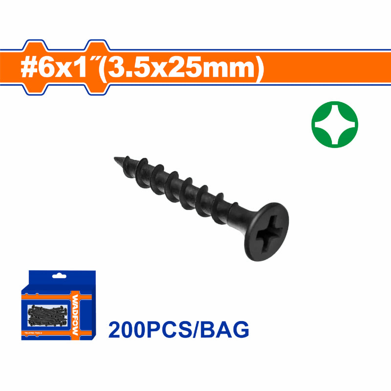 Tornillos para Gypsum (Yeso) 6x1" Rosca gruesa. Cabeza trompeta. Fosfatizado. Phillips. 200 pzas.