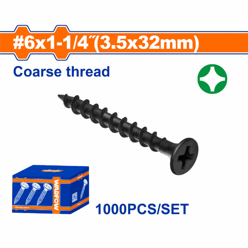 Tornillos para Gypsum (Yeso) 6x1-1/4" Rosca gruesa. Cabeza de trompeta. Fosfatizado. Phillips. 1000 pzas.