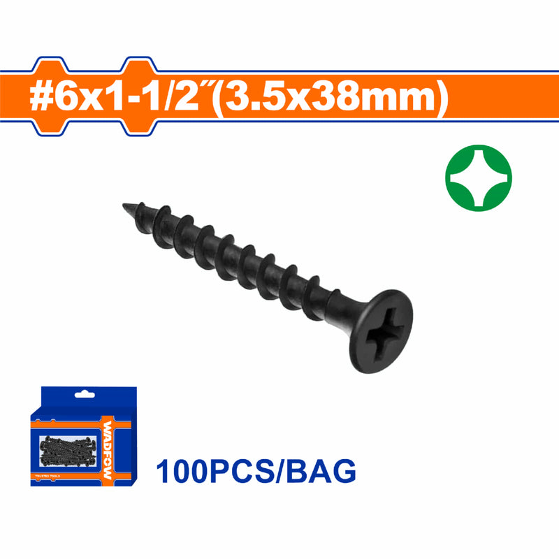 Tornillos para Gypsum (Yeso) 6x1-1/2" Rosca gruesa. Cabeza trompeta. Fosfatizado. Phillips. 100 pzas.
