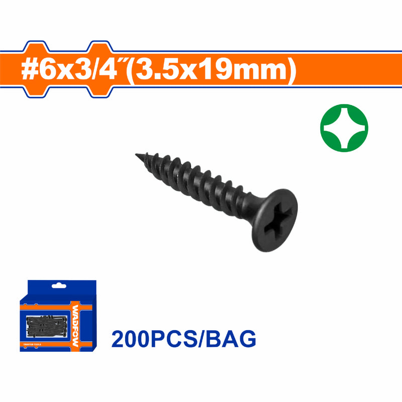 Tornillos para Gypsum (Yeso) 6x3/4". Rosca fina. Cabeza de trompeta. Fosfatizado. Phillips. 200 pzas.