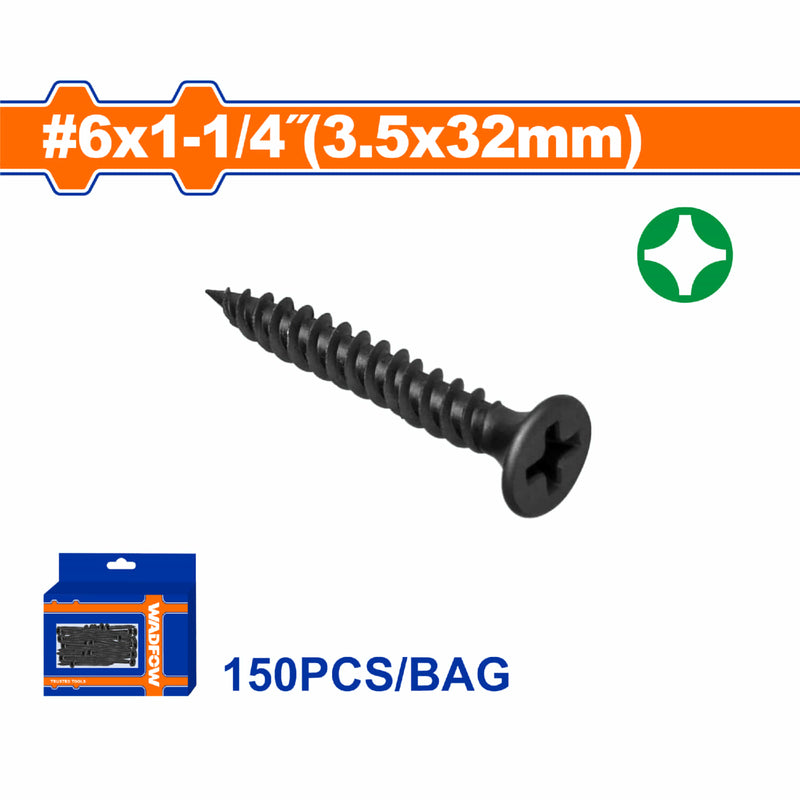 Tornillos para Gypsum (Yeso) 6x1-1/4". Rosca fina. Cabeza de trompeta. Fosfatizado. Phillips. 150 pzas.