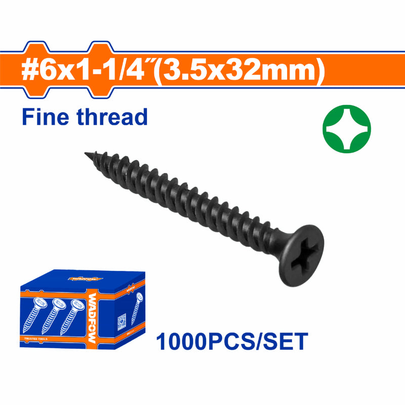 Tornillos para Gypsum (Yeso) 6x1-1/4". Rosca fina. Cabeza de trompeta. Fosfatizado. Phillips. 1000 pzas.