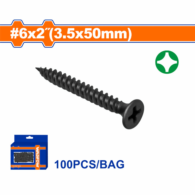 Tornillos para Gypsum (Yeso) 6x2". Rosca fina. Cabeza de trompeta. Fosfatizado. Phillips. 100 pzas.