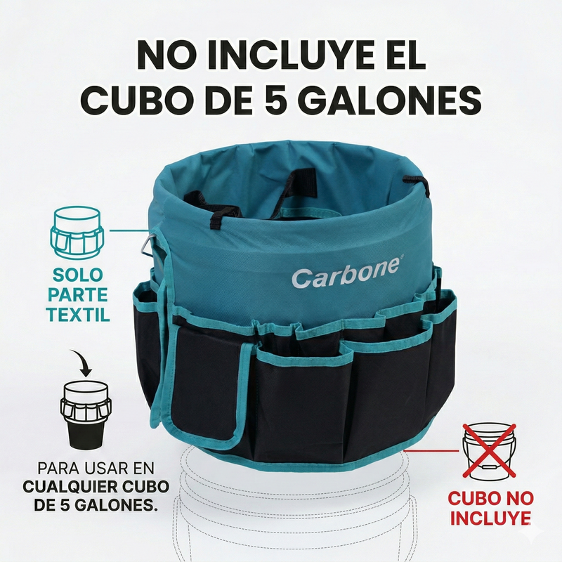 Bolso cubo caja Porta Herramientas de Tela. Cubeta Organizadora Carbone con Múltiples Bolsillos y Asa Metálica 30x32cm. ( no incluye cubeta) solo el textil para usar con cubeta