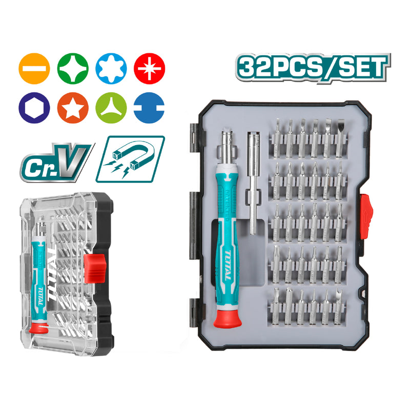 Juego de Destornilladores de precision variado de 32 pzas. 1 Mango de Plastico. 1 Soporte para broca