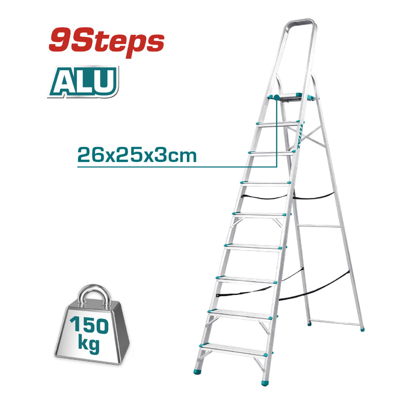 Escalera de Tijera Total 8 pies altura 9 peldaños. Resistencia 150 kg (330 lbs) Alta calidad/durable