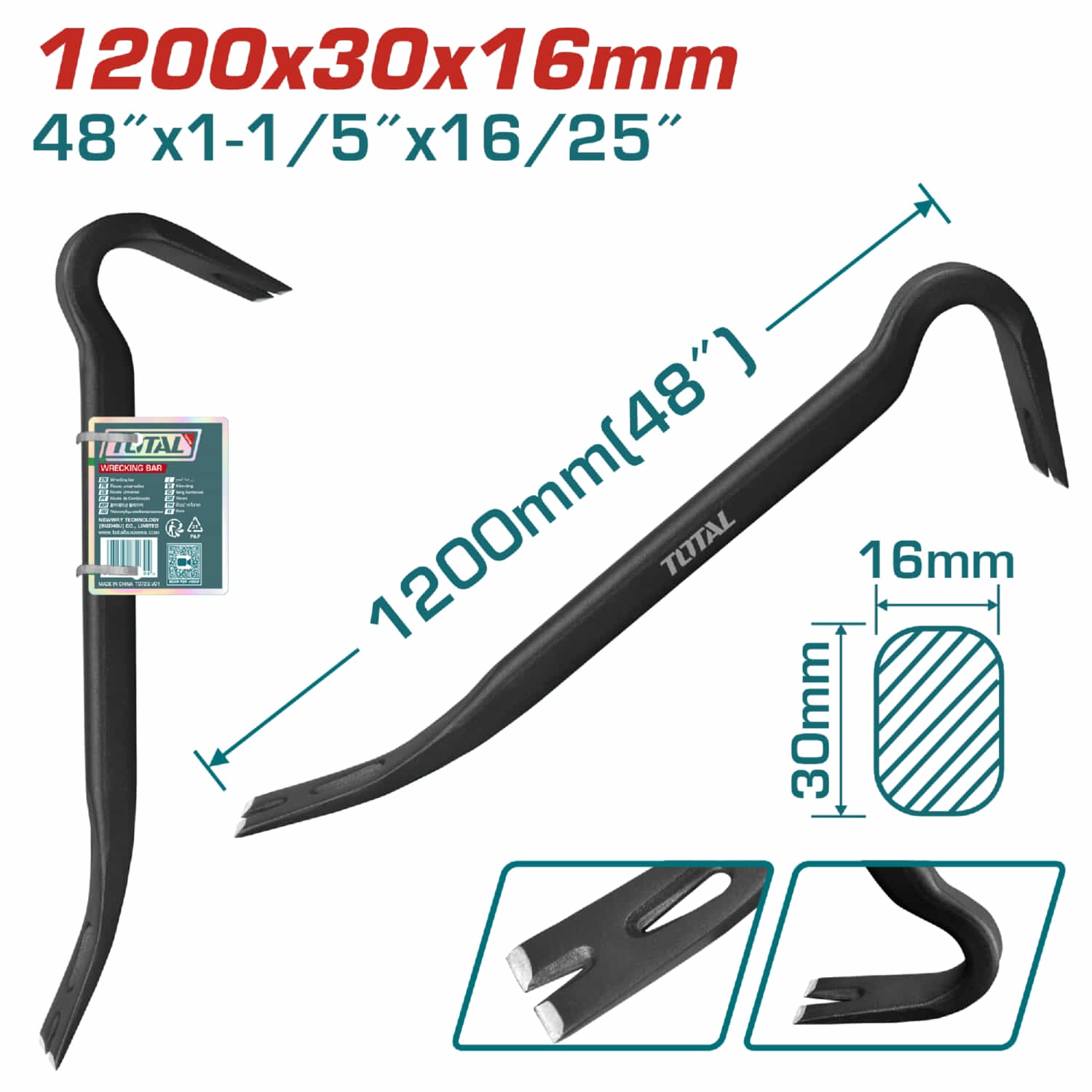 Pata de Cabra de 48"(1200mm) X 1-1/8"(29mm) X 19/32"(15.0mm). Mango Ovalado con Muesca （30°，68°).