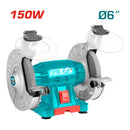 Esmeril de banco de 110-120V~60Hz. Potencia 150W. Velocidad Max. 3450 rpm. Rueda 150 mm ( 6" ).