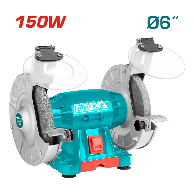 Esmeril de banco de 110-120V~60Hz. Potencia 150W. Velocidad Max. 3450 rpm. Rueda 150 mm ( 6" ).