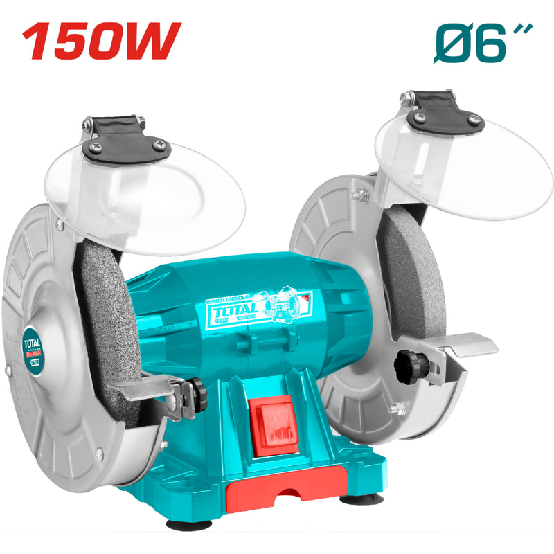 Esmeril de banco de 110-120V~60Hz. Potencia 150W. Velocidad Max. 3450 rpm. Rueda 150 mm ( 6" ).