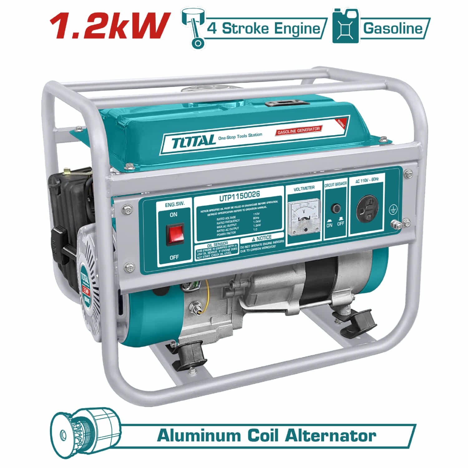 Generador a Gasolina 1,400watts 1.4kW. 110-120V 60Hz 3600rpm 5.5L Motor 4 tiempos. Alternador de Aluminio. Planta