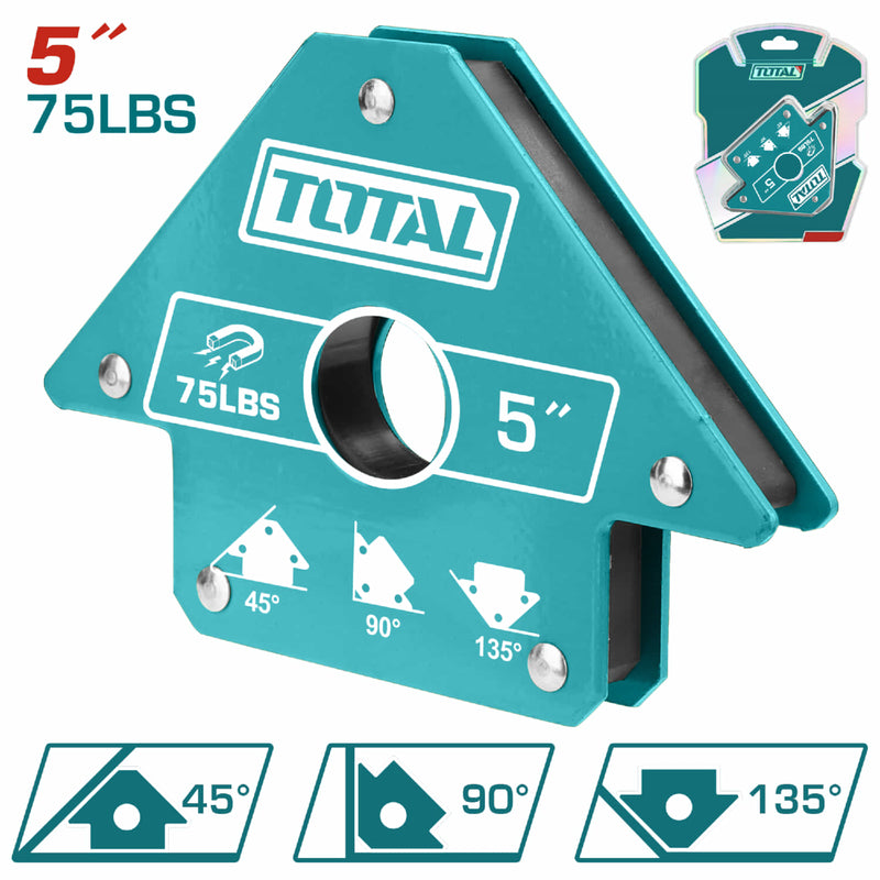 Soporte de Soldadura Escuadra Magnetica de 5". Fuerza de Traccion 75 Lbs. Angulos 45°, 90°, 135°,