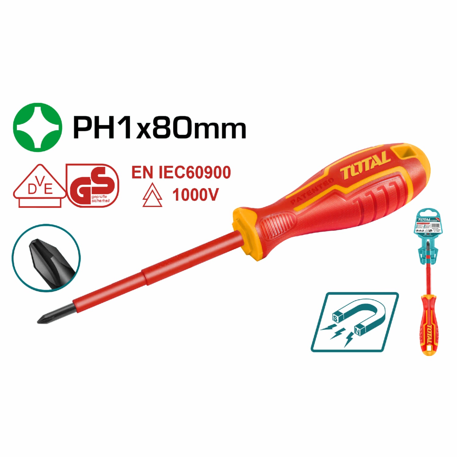 Destornillador insulado de estrella PH1 mm. Largo 80 mm. Cr-V. 1000volts. Certificado VDE