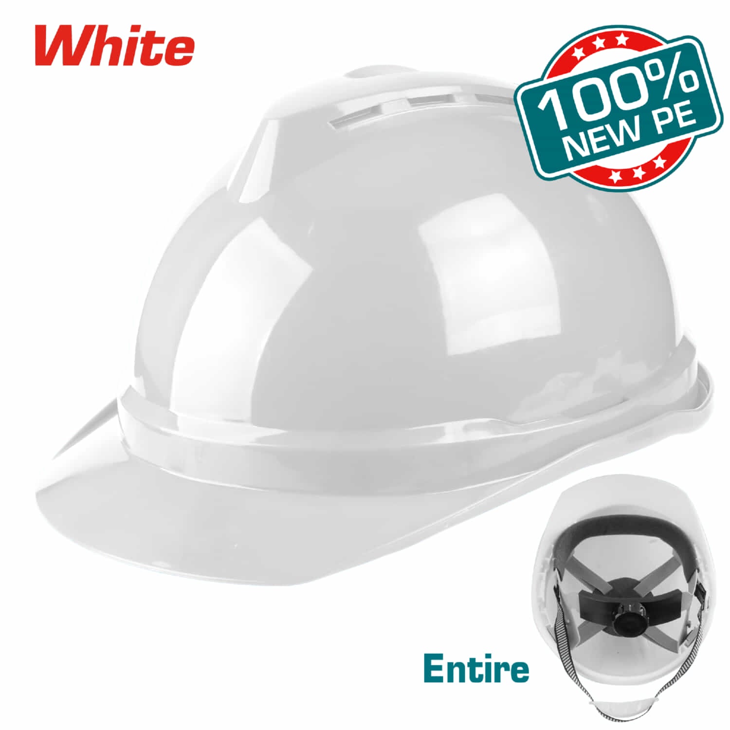 Casco de Seguridad color blanco. Refuerzo superior en forma de V.  Suspensión de 4 puntos.