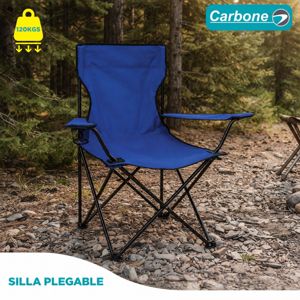 Silla plegable color azul de 50cm x 50cm x 80cm con portavasos