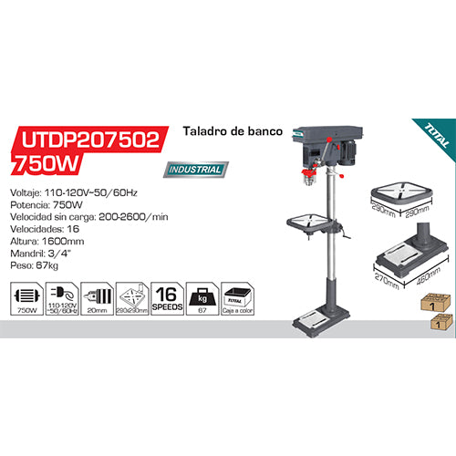 Taladro de banco 750W Capacidad 3/4". 200-2600rpm. 16velocidades.  110-120V~60Hz. Calidad industria