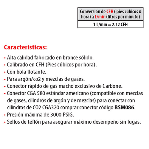 Manometro Flujometro Ar/C02 bronce solido.En CFH.Conector rapido de gas manguera 4m.Conex CGA580