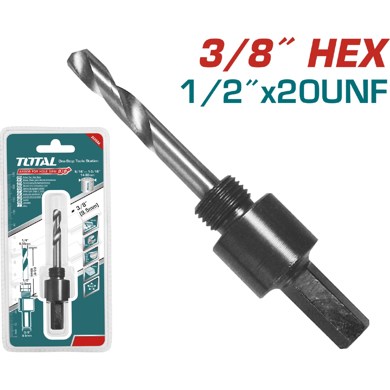 Mandril para Broca circular sacabocado vastago hexagonal 3/8". Funciona para brocas de 14 a 30 m