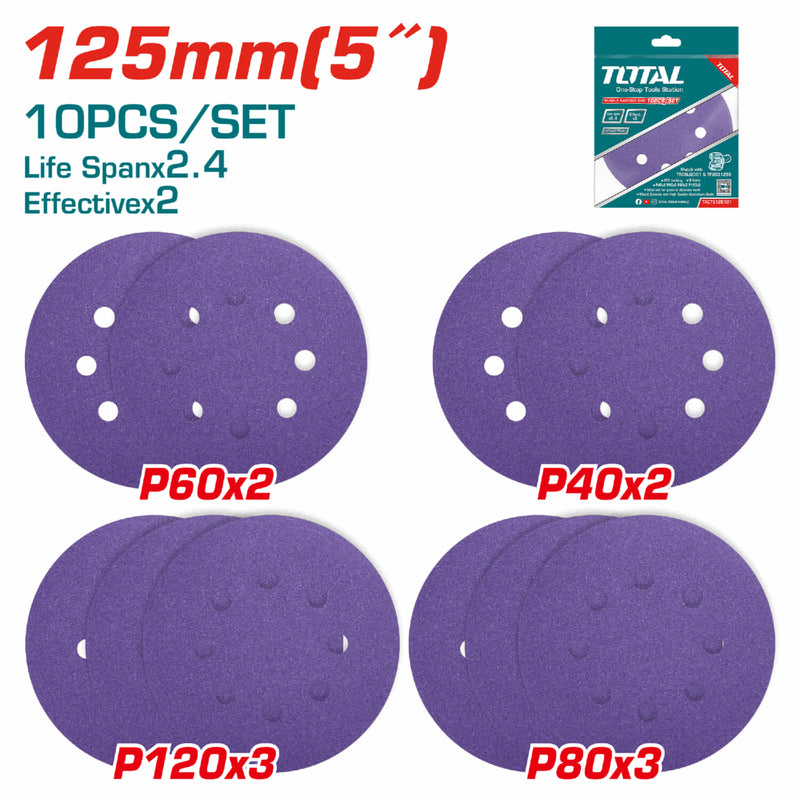 Juego de 10 Discos de Lija para Lijadora de 5" 125mm. P40x2 P60x2 P80x3 P120x3.